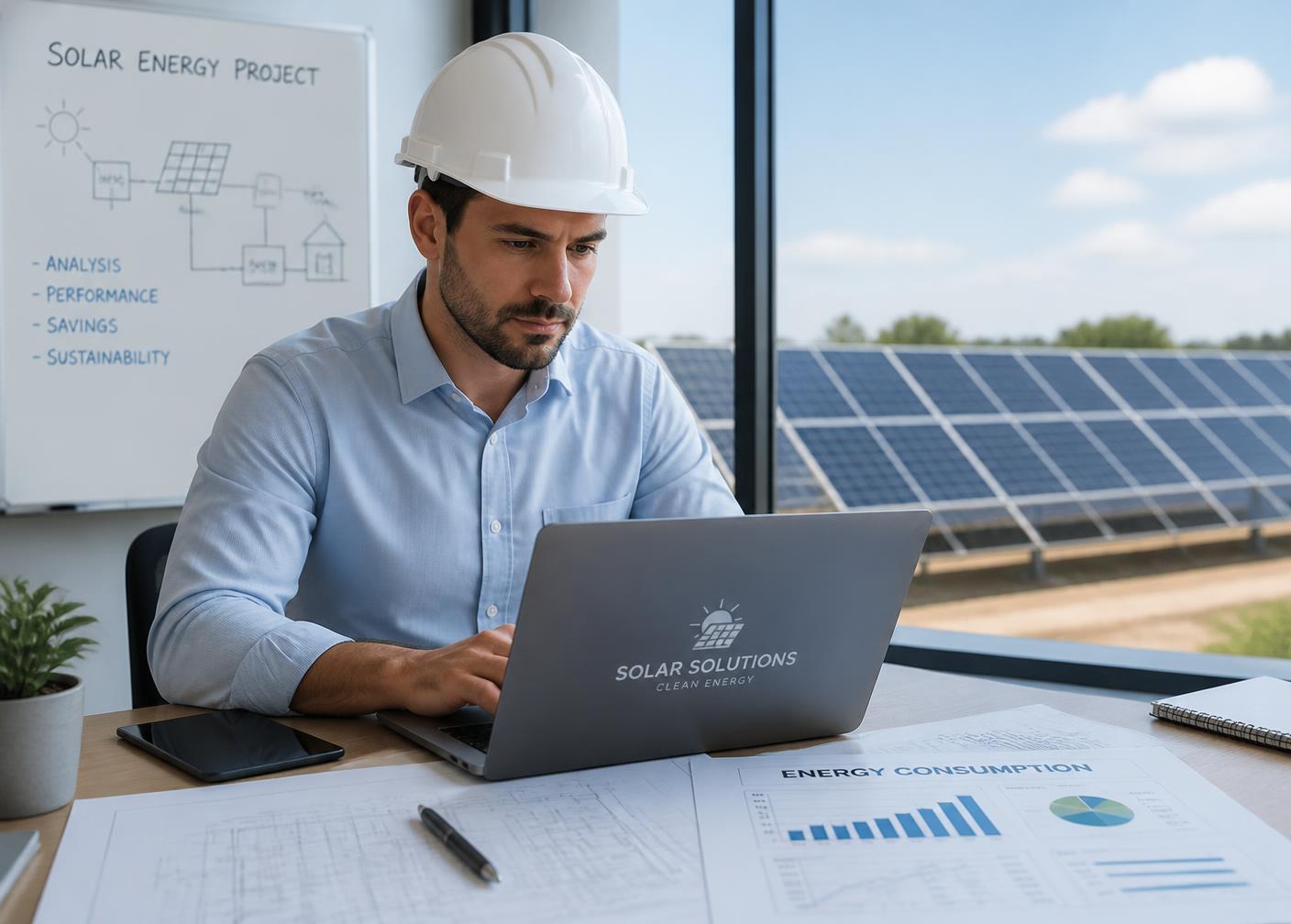 Profissional analisando projeto de energia solar com gráficos de consumo e módulos fotovoltaicos ao fundo