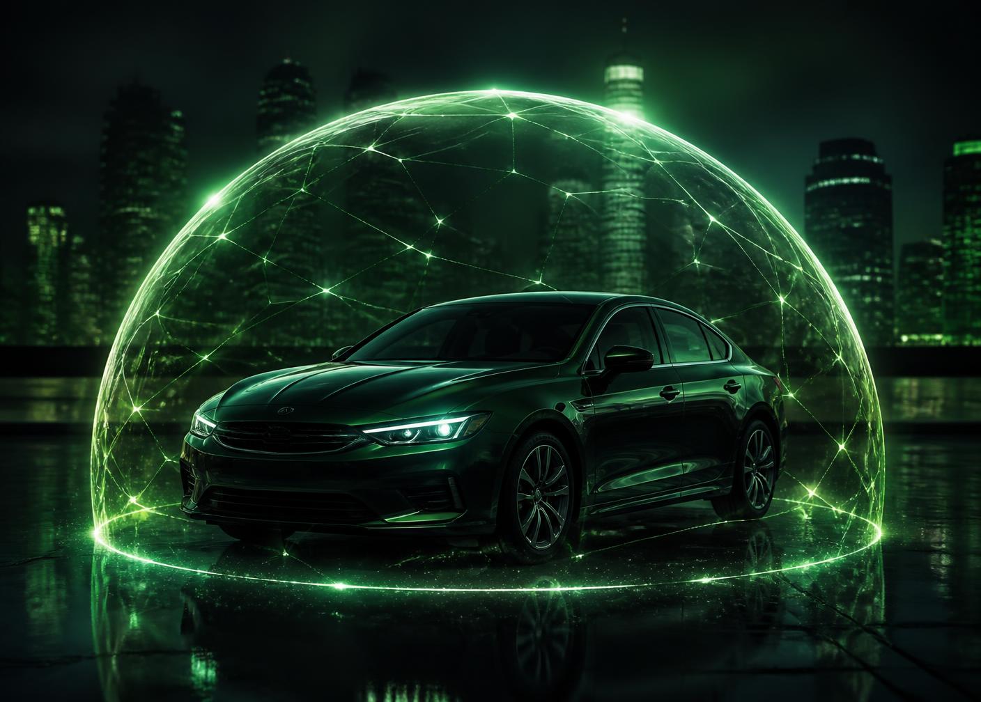 Carro moderno protegido por um escudo digital verde brilhante, representando a proteção do seguro veicular iGreen