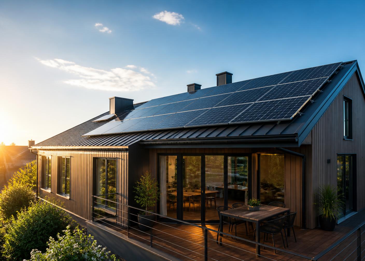 Sistema fotovoltaico moderno instalado no telhado de uma residência contemporânea