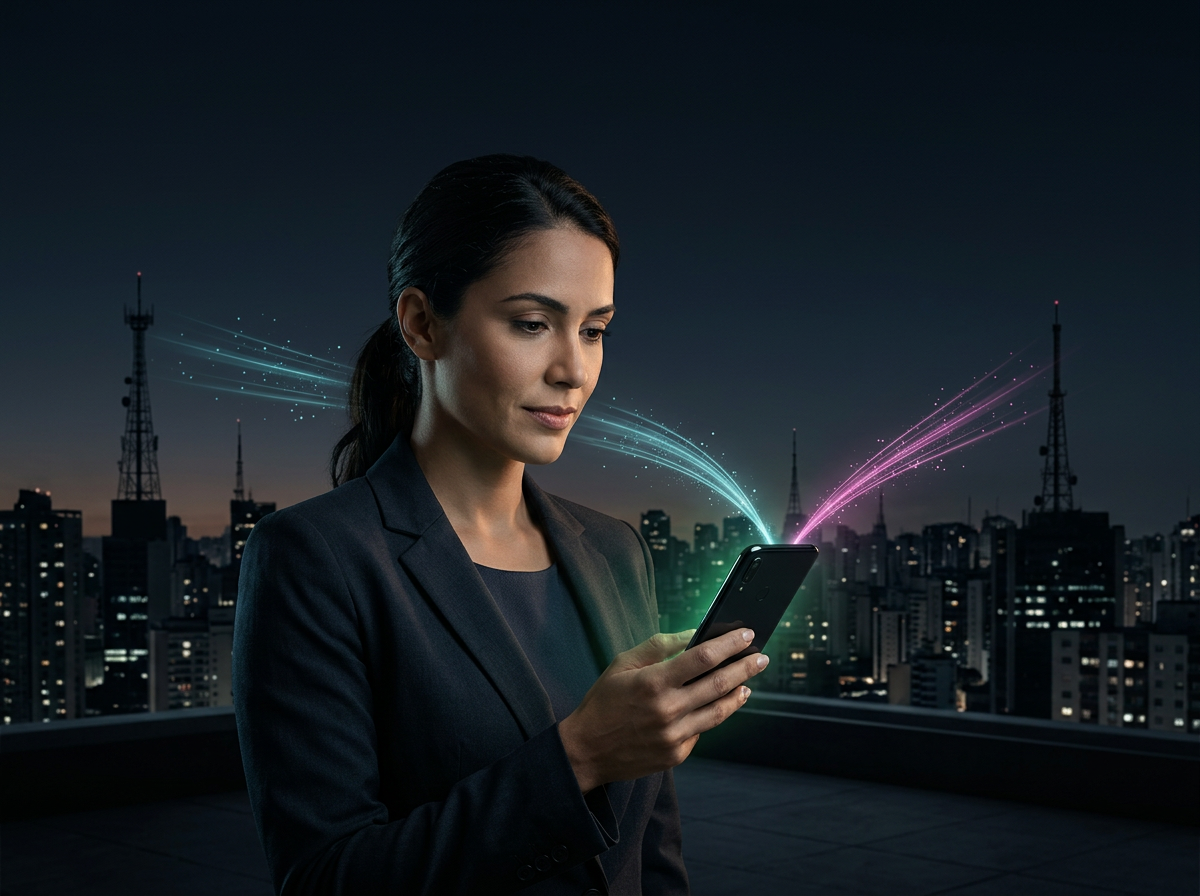 Profissional usando smartphone conectado simultaneamente a dois sinais de telefonia móvel